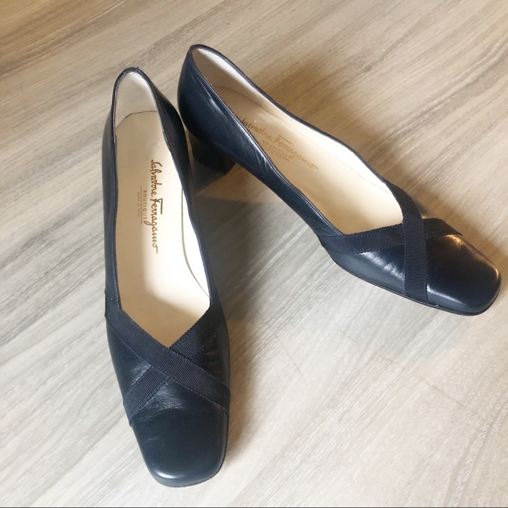 Salvatore Ferragamo Black Leather Block Heel Pumps